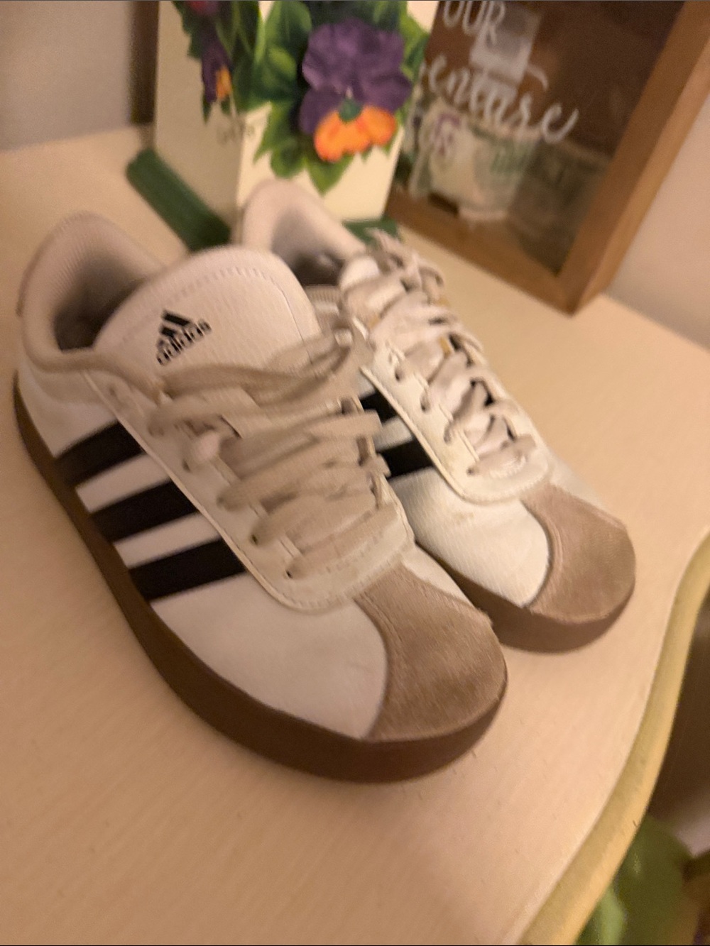 adidas White Sneakers with Black Stripes and Brown Gum Sole
